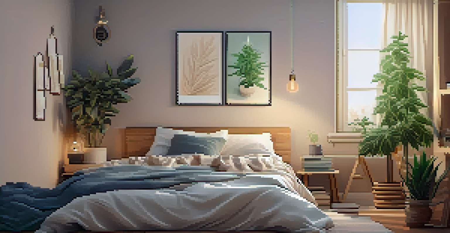 A cozy bedroom with a bed, cannabis-infused herbal tea on a side table, and calming decor for a peaceful sleep environment.
