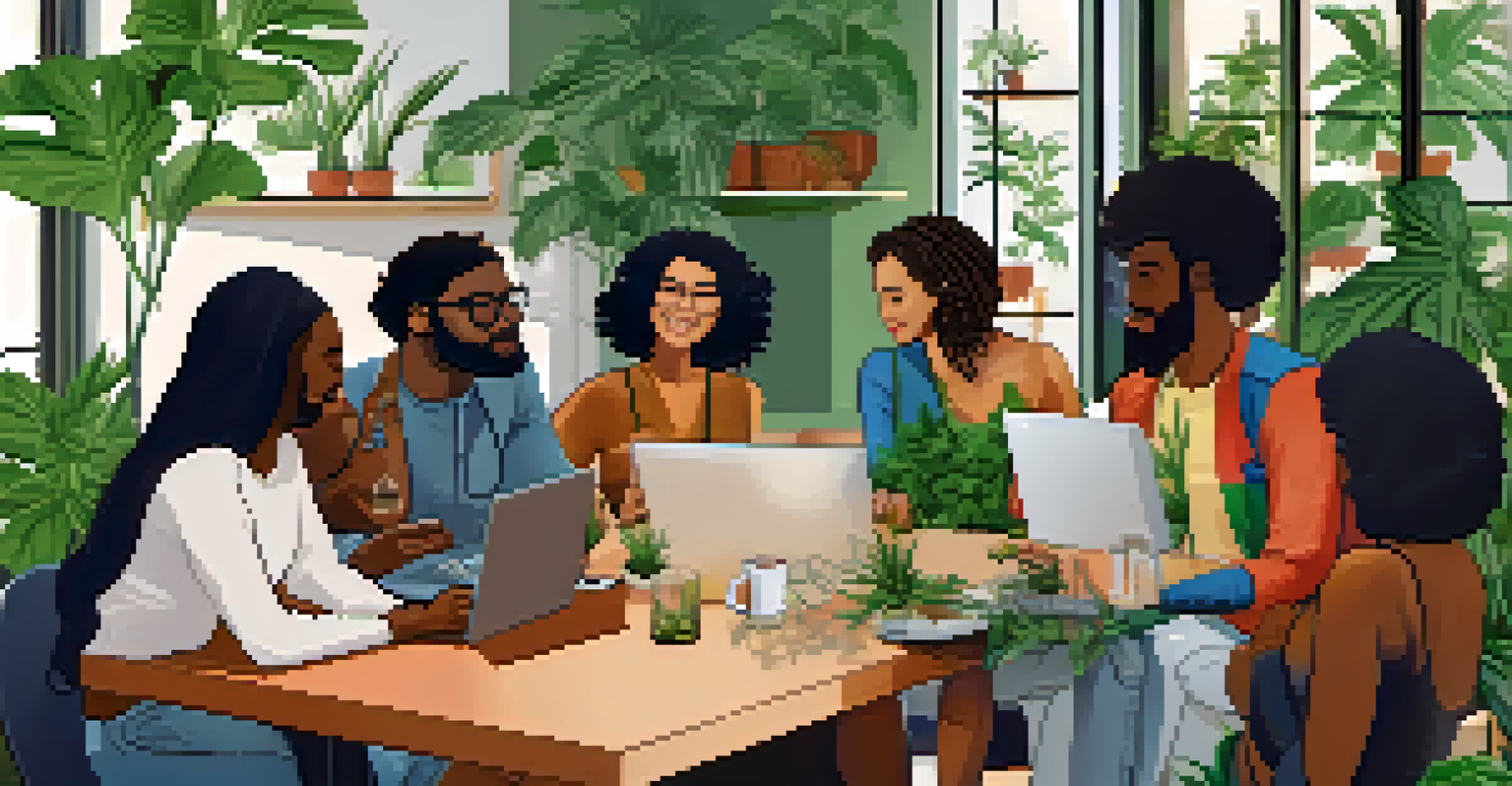 A diverse group of individuals discussing cannabis products around a table in a modern setting.