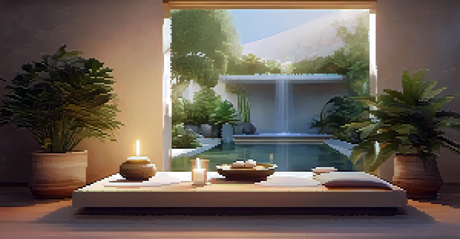 A wellness space with cushions, an altar with candles, and a water fountain, surrounded by greenery.