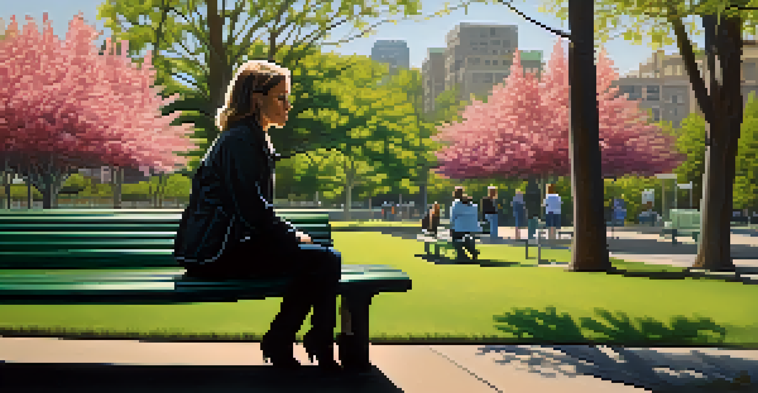 A woman sitting on a park bench, looking thoughtful, surrounded by shadowy figures representing societal judgment, with flowers symbolizing hope in the foreground.