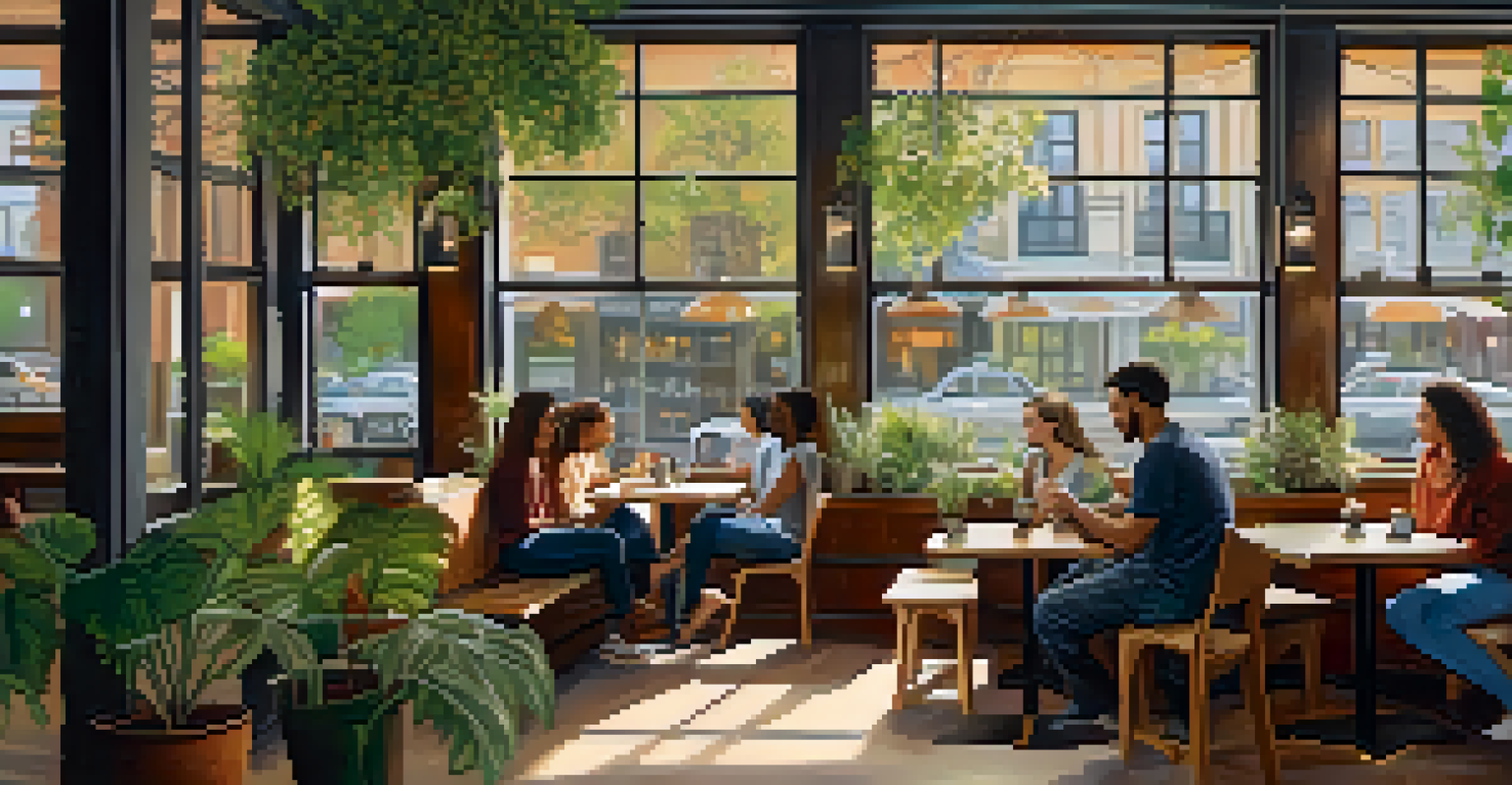 A diverse group of people enjoying conversations in a cozy coffee shop with warm lighting and plants.