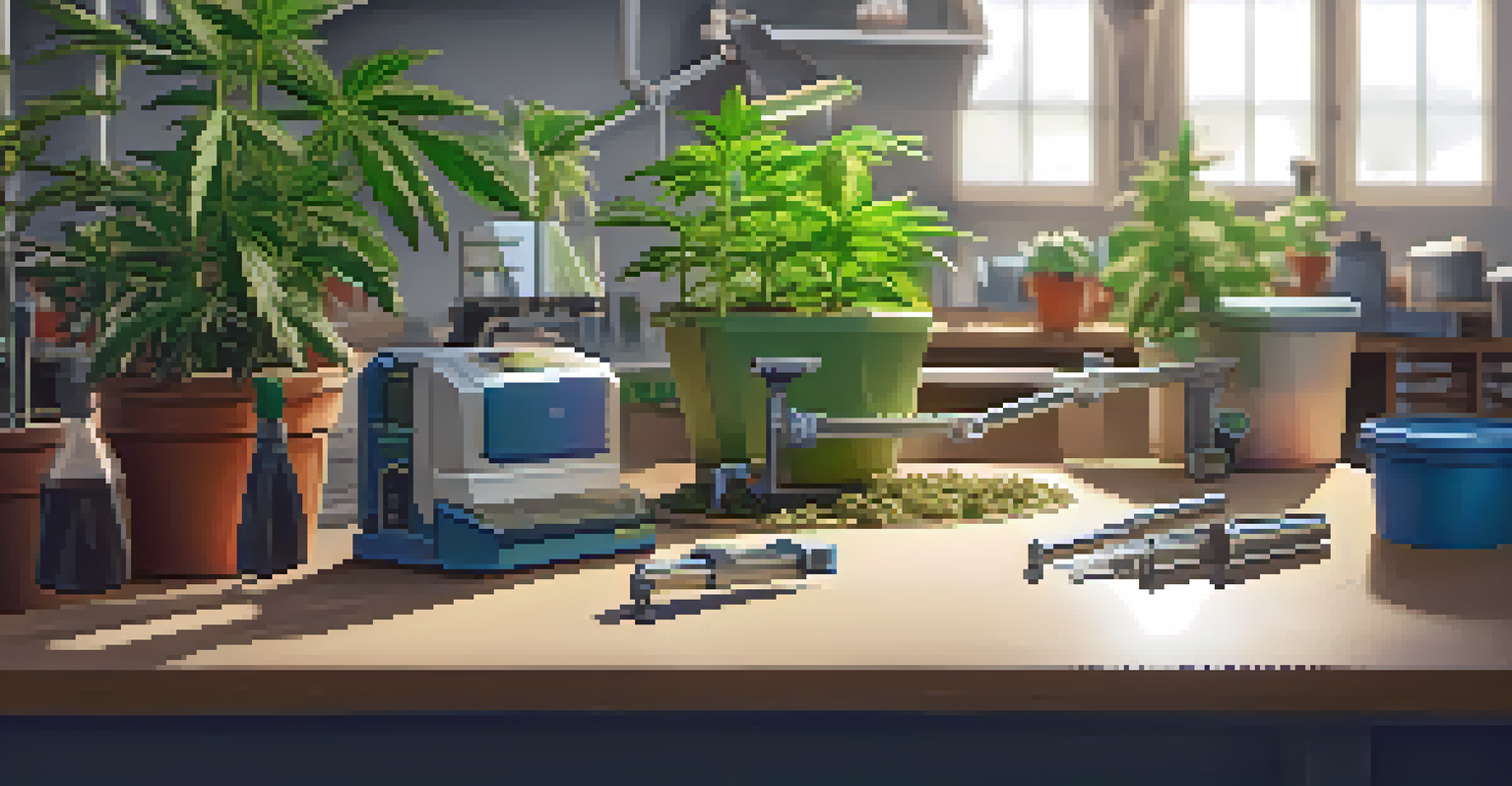 A grower in a workshop inspecting a freshly printed 3D tool for watering cannabis plants, surrounded by gardening tools.