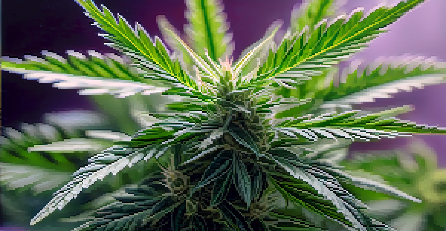 A detailed close-up of a cannabis plant highlighting its leaves and buds in soft natural lighting.