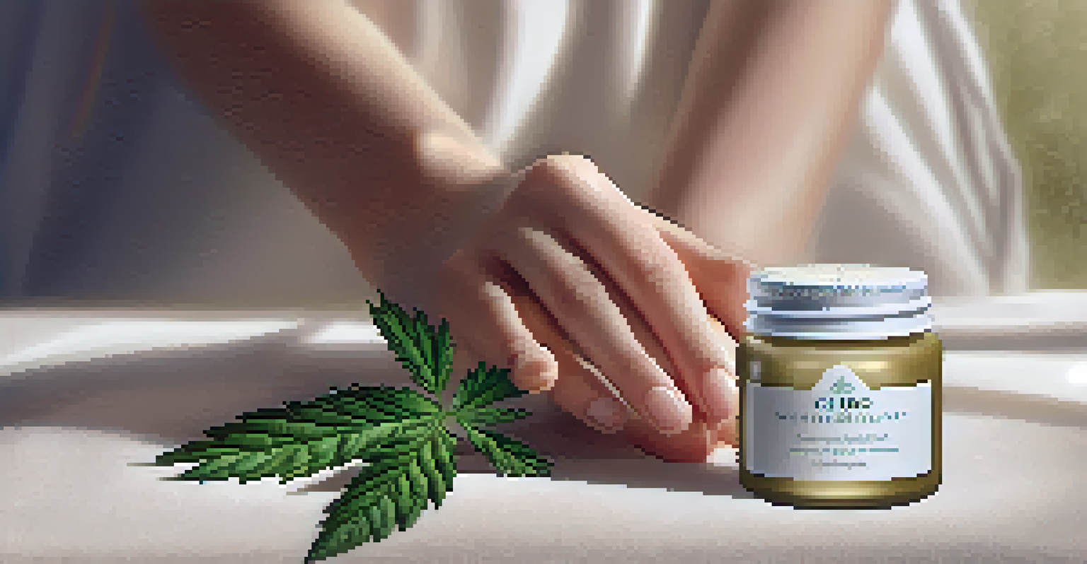 A close-up of a hand holding a CBD topical cream jar on a textured fabric background, beautifully lit to showcase the product.