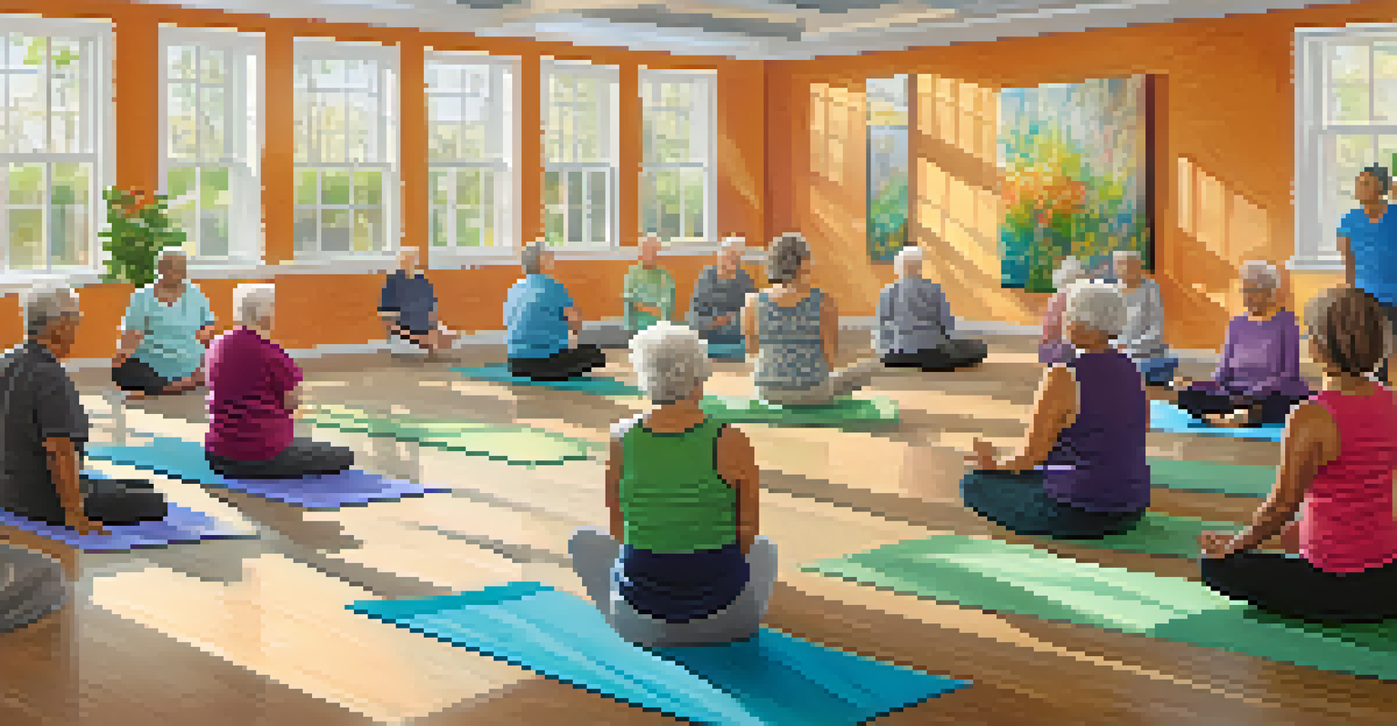 A group of elderly individuals participating in a wellness workshop at a community center, engaging in activities like yoga and painting.
