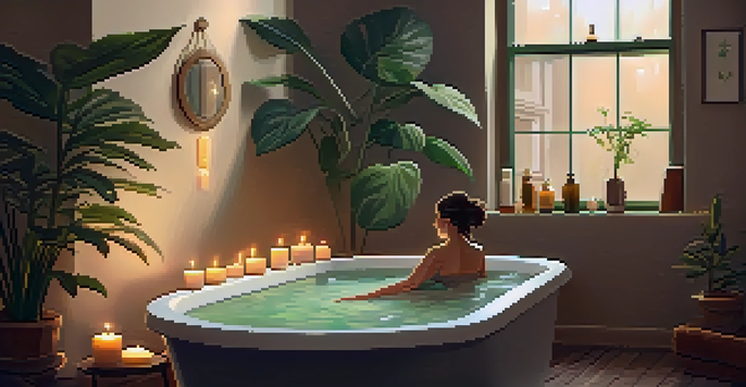 A person enjoying a relaxing bath with candles, plants, and holding CBD oil, creating a calming atmosphere.