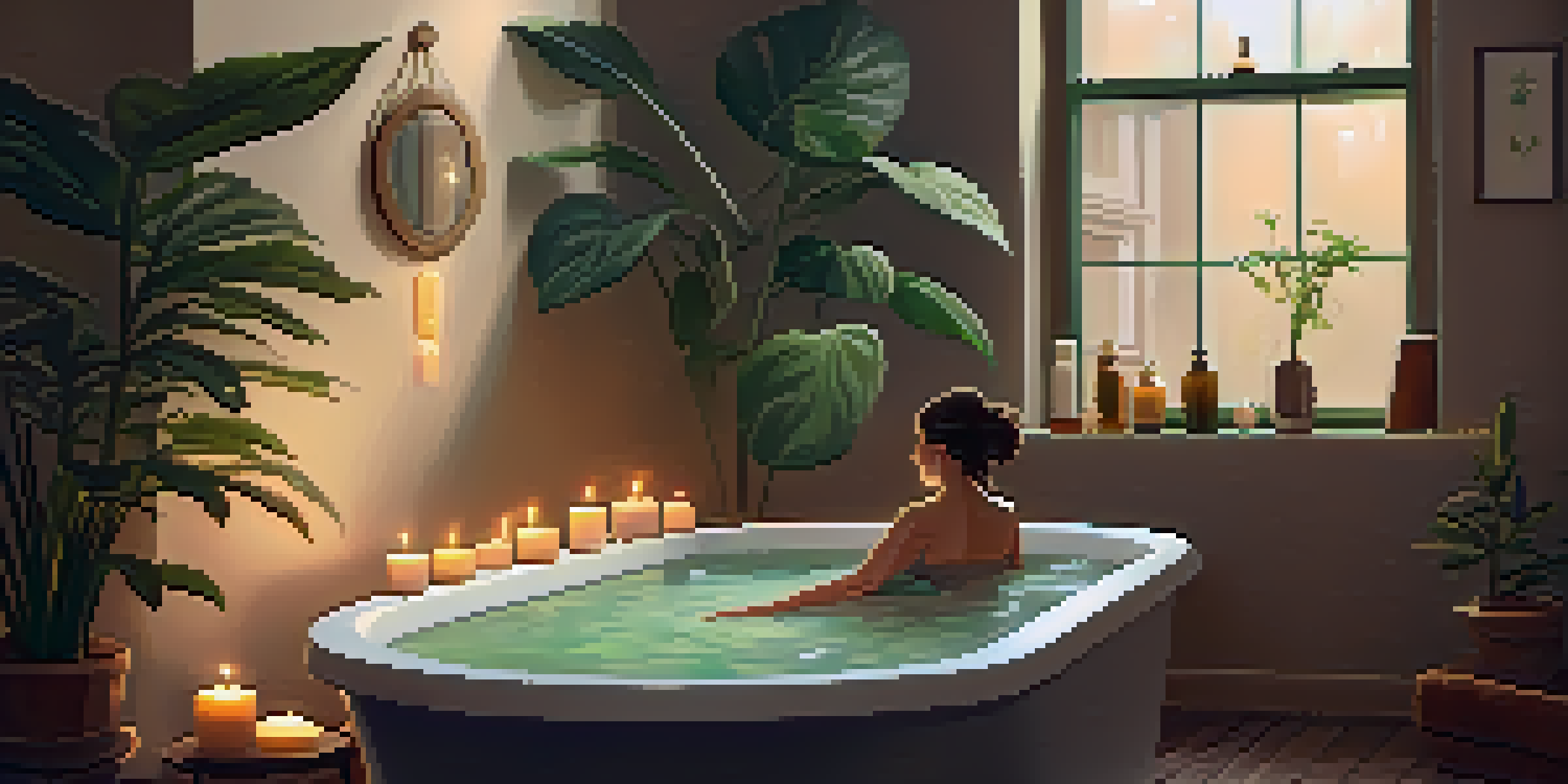 A person enjoying a relaxing bath with candles, plants, and holding CBD oil, creating a calming atmosphere.