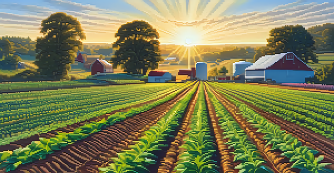 A colorful farm landscape with healthy marijuana plants and various legumes under a golden sunlight.