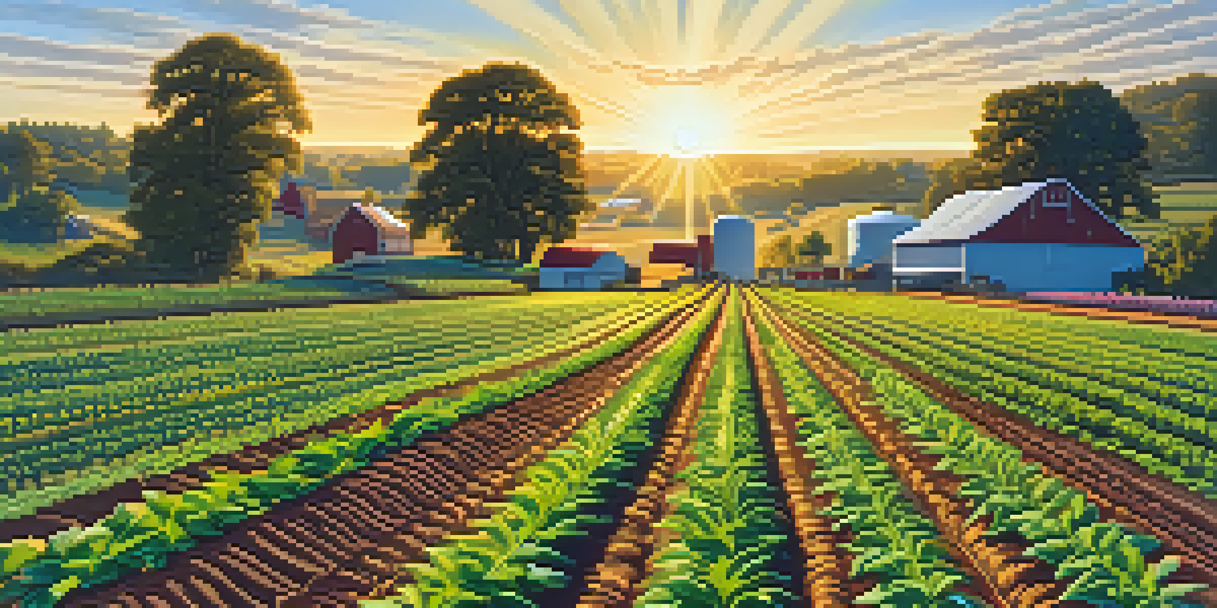 A colorful farm landscape with healthy marijuana plants and various legumes under a golden sunlight.