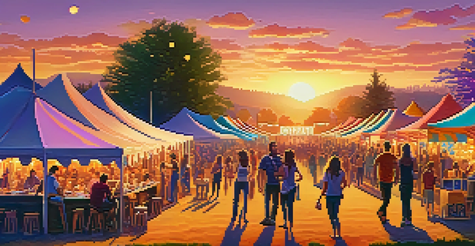 A lively country music festival at sunset with a crowd enjoying music and food, and a designated area for cannabis use.
