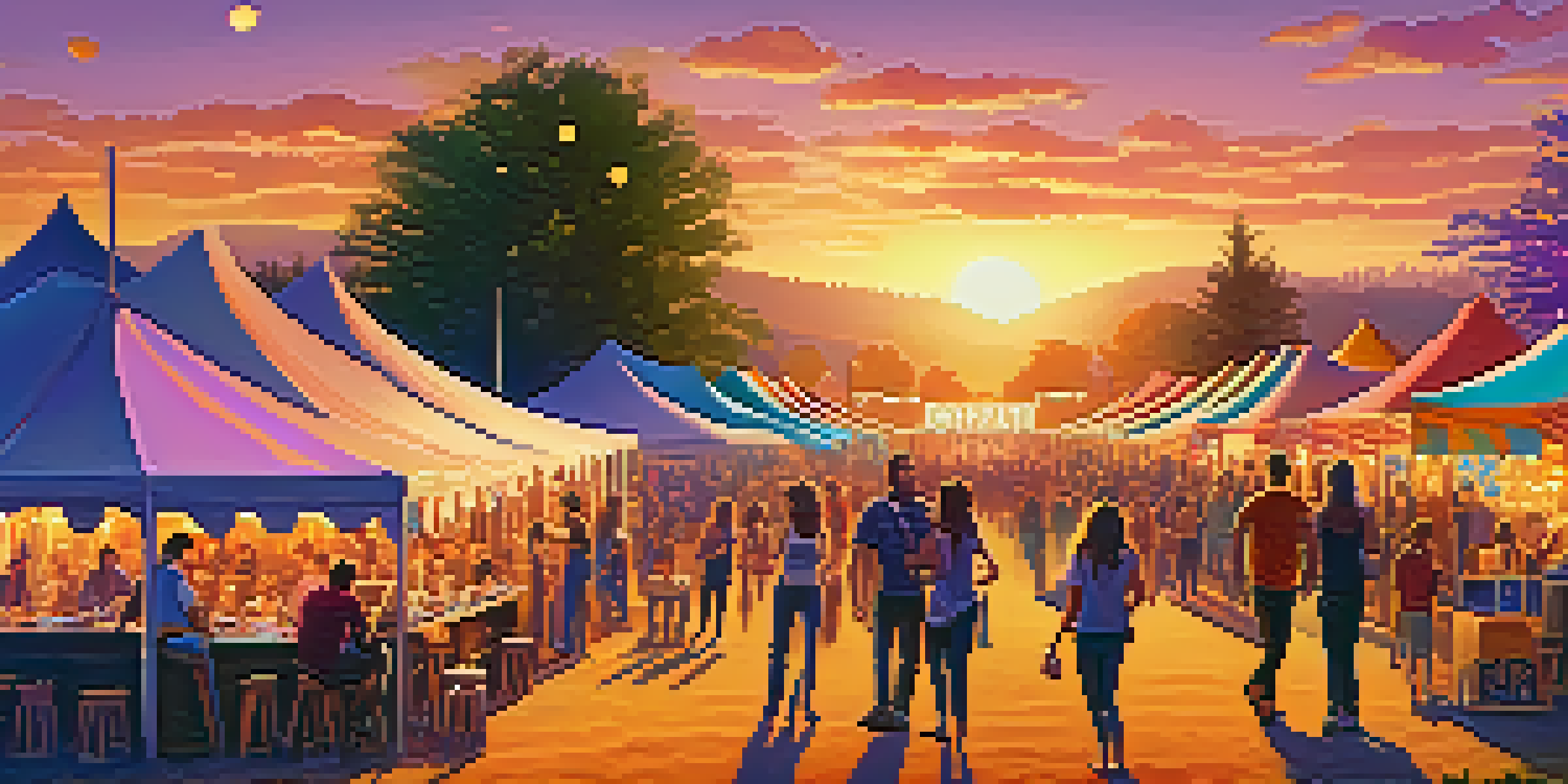 A lively country music festival at sunset with a crowd enjoying music and food, and a designated area for cannabis use.