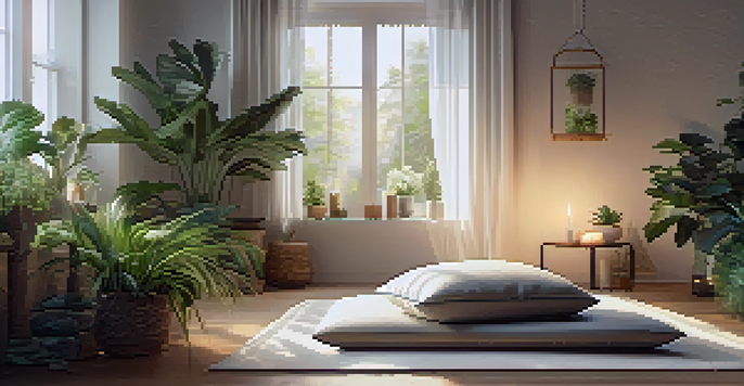 A cozy meditation area with a cushion, indoor plants, soft lighting, a candle, and essential oils.