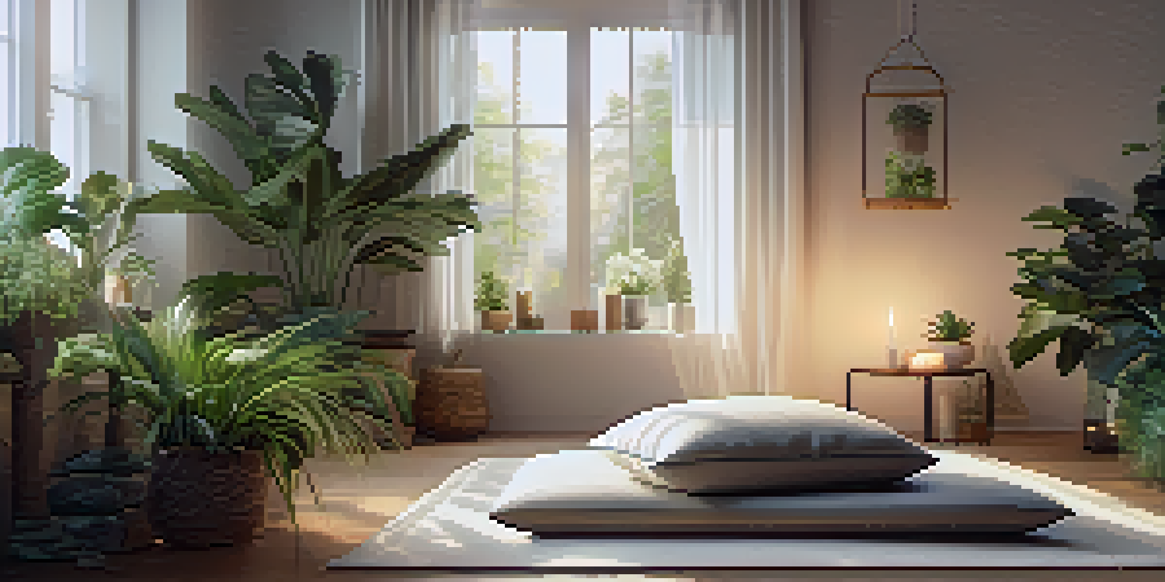 A cozy meditation area with a cushion, indoor plants, soft lighting, a candle, and essential oils.