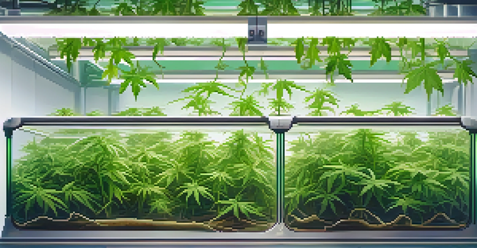 A detailed view of green marijuana plants in a hydroponic setup with roots in water.