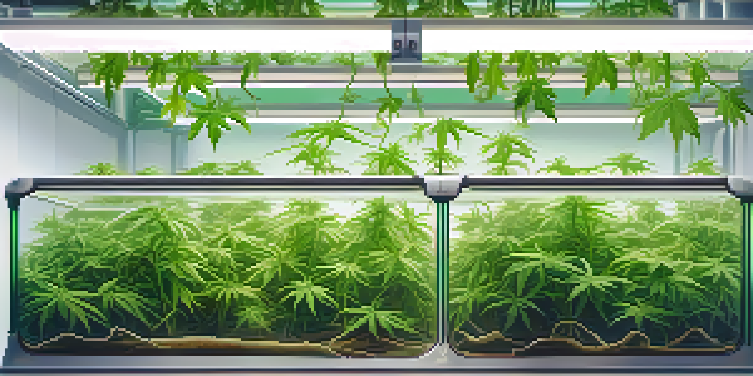A detailed view of green marijuana plants in a hydroponic setup with roots in water.