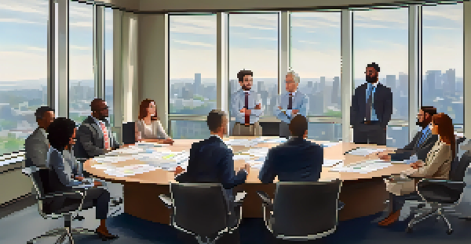 A diverse group of professionals in a meeting room discussing crisis management strategies with documents and laptops on the table.