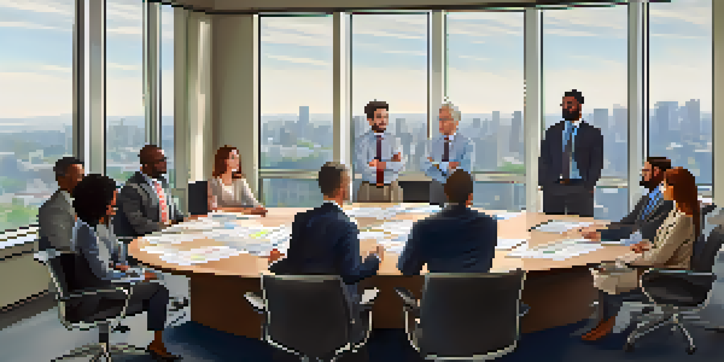 A diverse group of professionals in a meeting room discussing crisis management strategies with documents and laptops on the table.