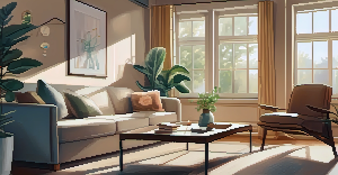 A cozy living room with a parent reading a book on a sofa, warm lighting, and children’s artwork on the wall.