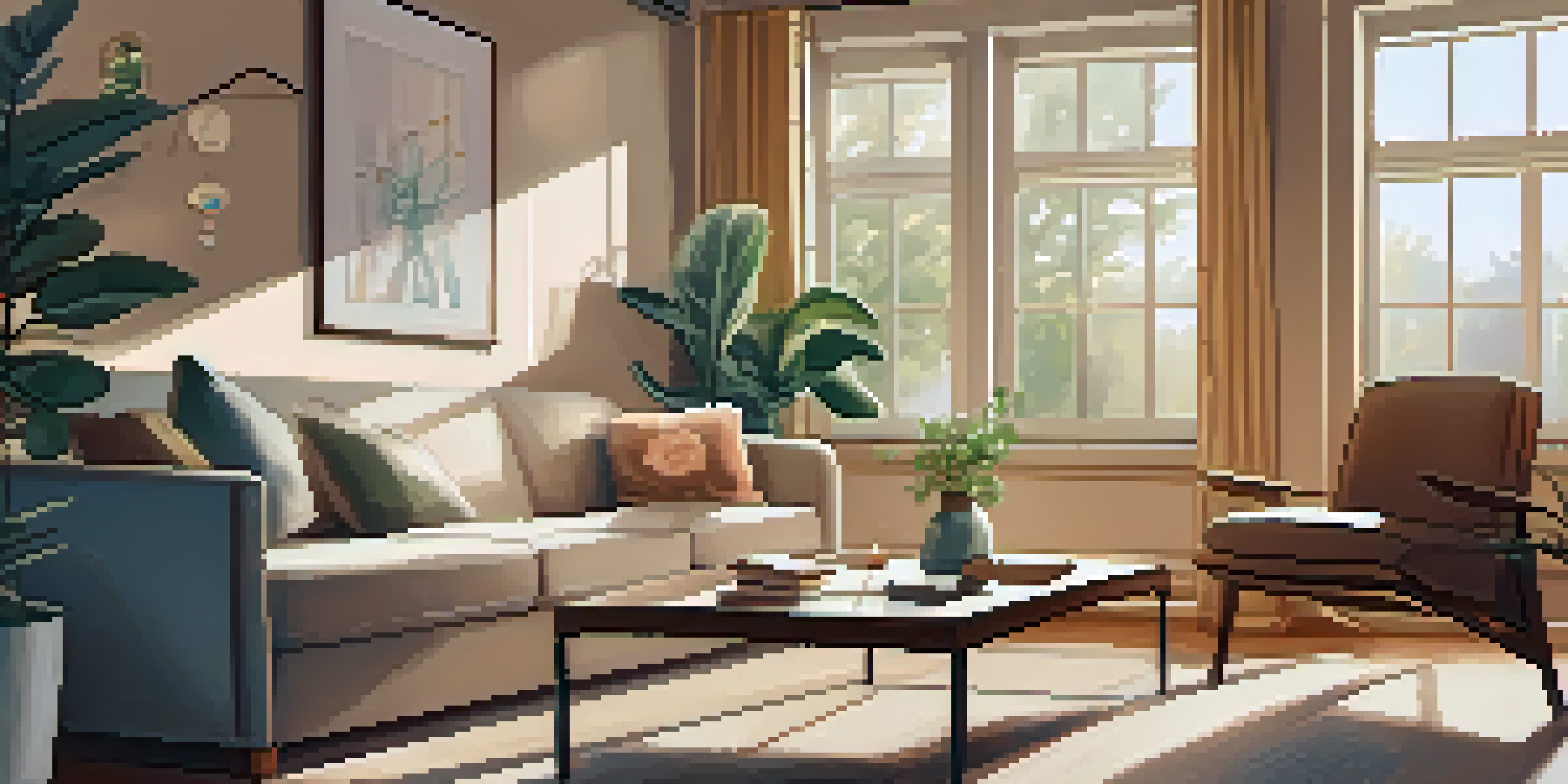 A cozy living room with a parent reading a book on a sofa, warm lighting, and children’s artwork on the wall.