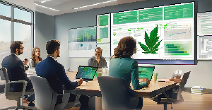 A meeting of professionals analyzing marijuana use trends with graphs and charts displayed on a large screen in a bright office.