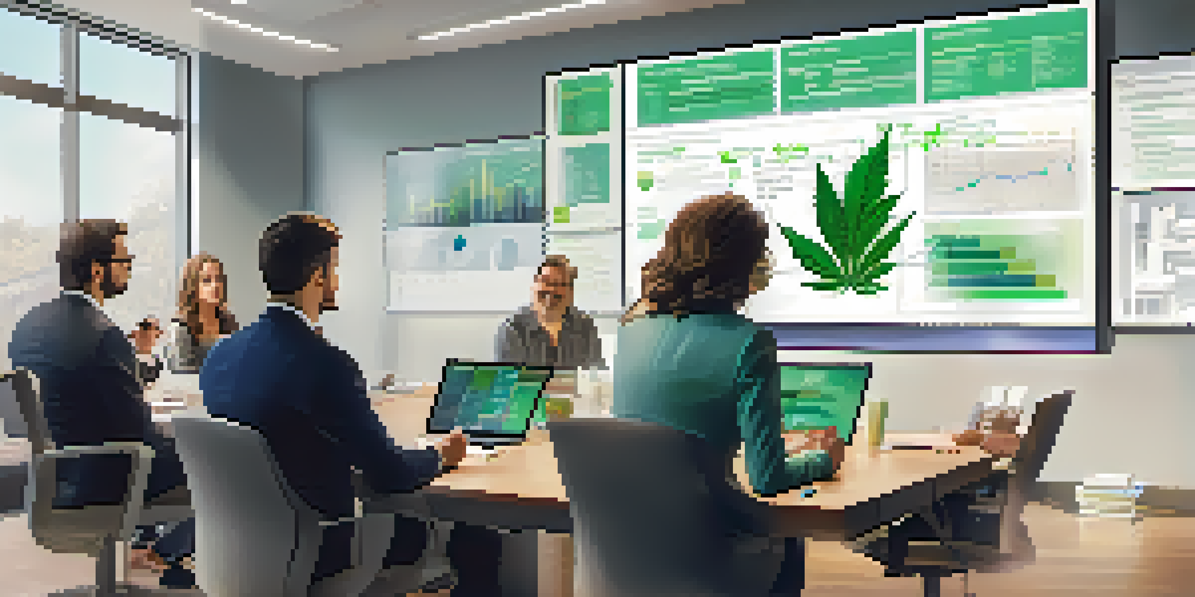 A meeting of professionals analyzing marijuana use trends with graphs and charts displayed on a large screen in a bright office.
