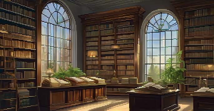 A historic library with wooden shelves, golden light, and an open book about cannabis legalization.