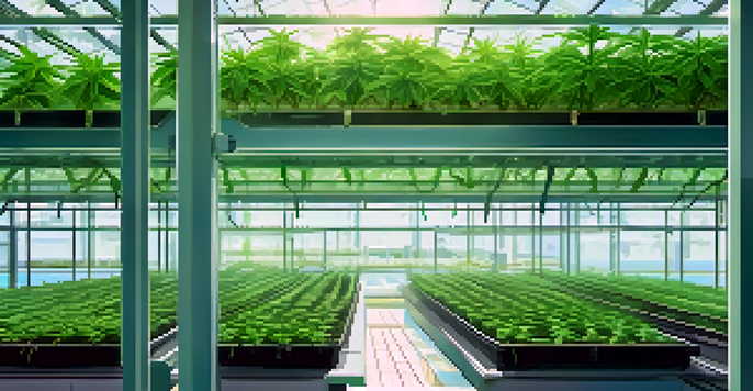 Close-up of a hydroponic system with healthy cannabis plants growing in nutrient-rich water under natural sunlight.