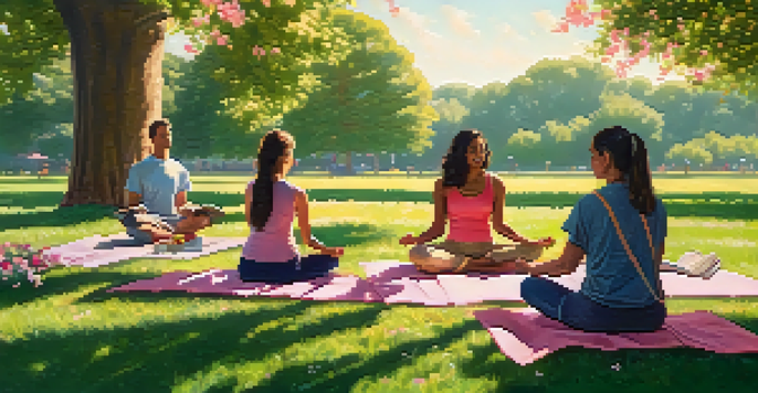 A peaceful park scene with diverse individuals practicing yoga, reading, and enjoying a picnic under bright sunlight.
