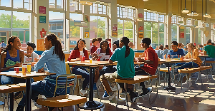 A lively high school cafeteria with diverse teenagers talking and enjoying their time together under sunlight.