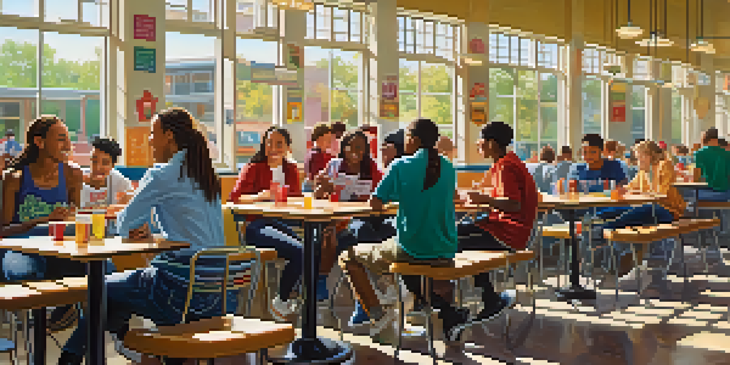 A lively high school cafeteria with diverse teenagers talking and enjoying their time together under sunlight.