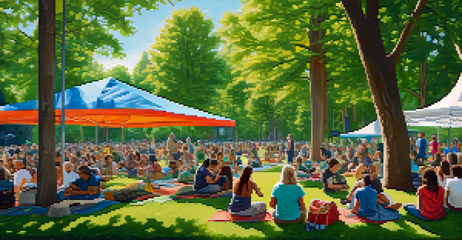 A diverse group of people gathered in a park for a community forum about marijuana legalization, surrounded by green trees and colorful banners.