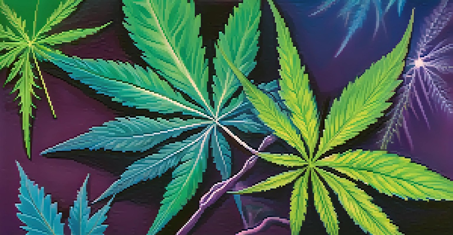 A colorful artistic depiction of cannabis leaves and molecular structures of THC and CBD on a calming blue and purple background.
