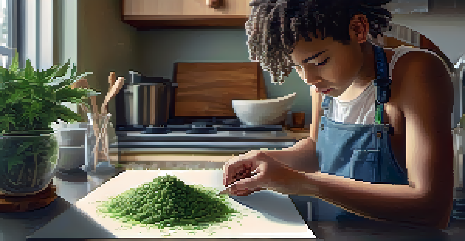 A young person measuring a small dosage of marijuana edibles on a kitchen counter in a cozy home setting.