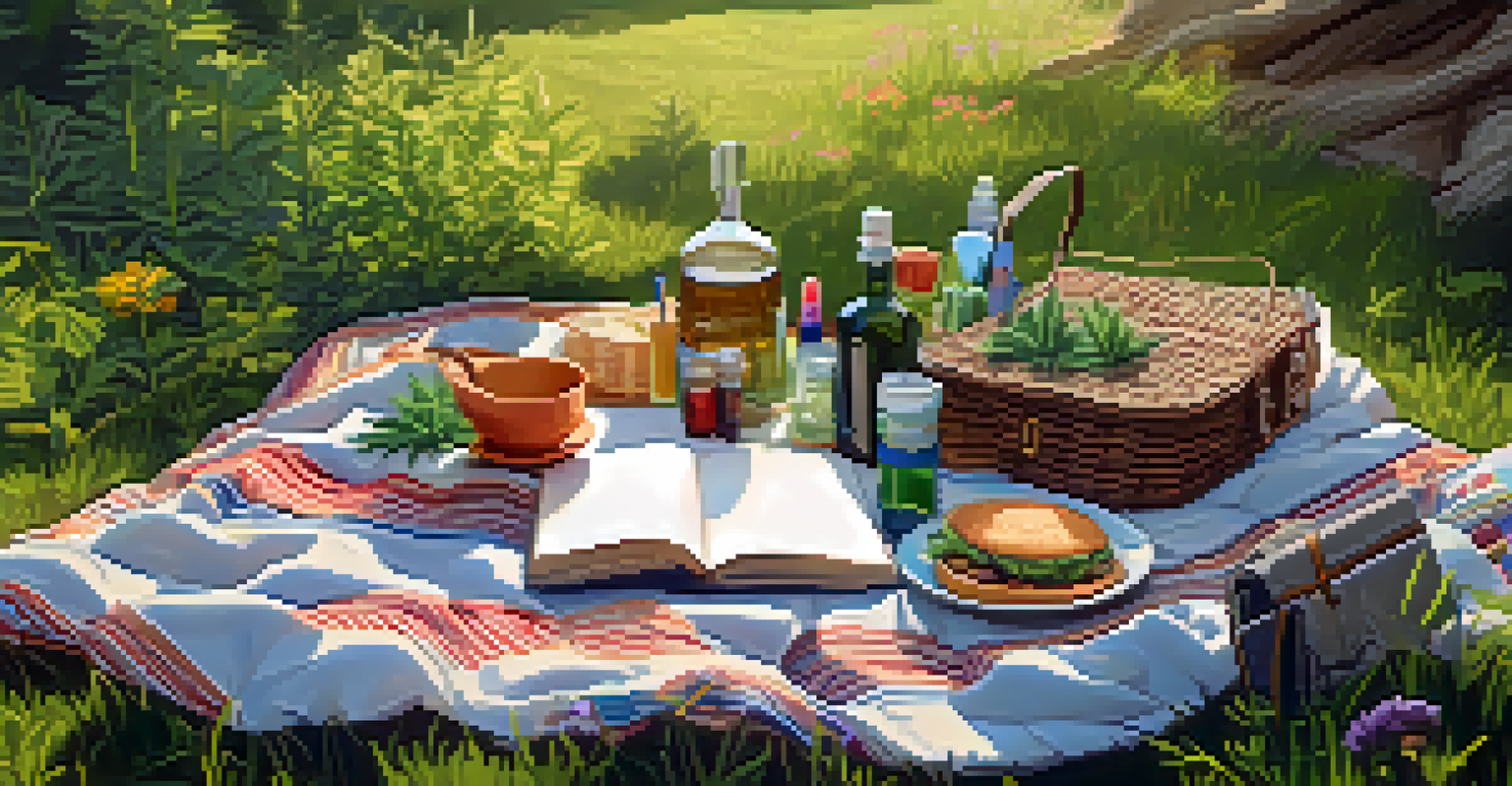 A peaceful outdoor picnic setup with cannabis-themed decor, art supplies, and wildflowers in a sunny park.