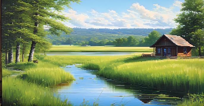 A peaceful scene of a green field, a wooden cabin, trees, and a stream under a blue sky.