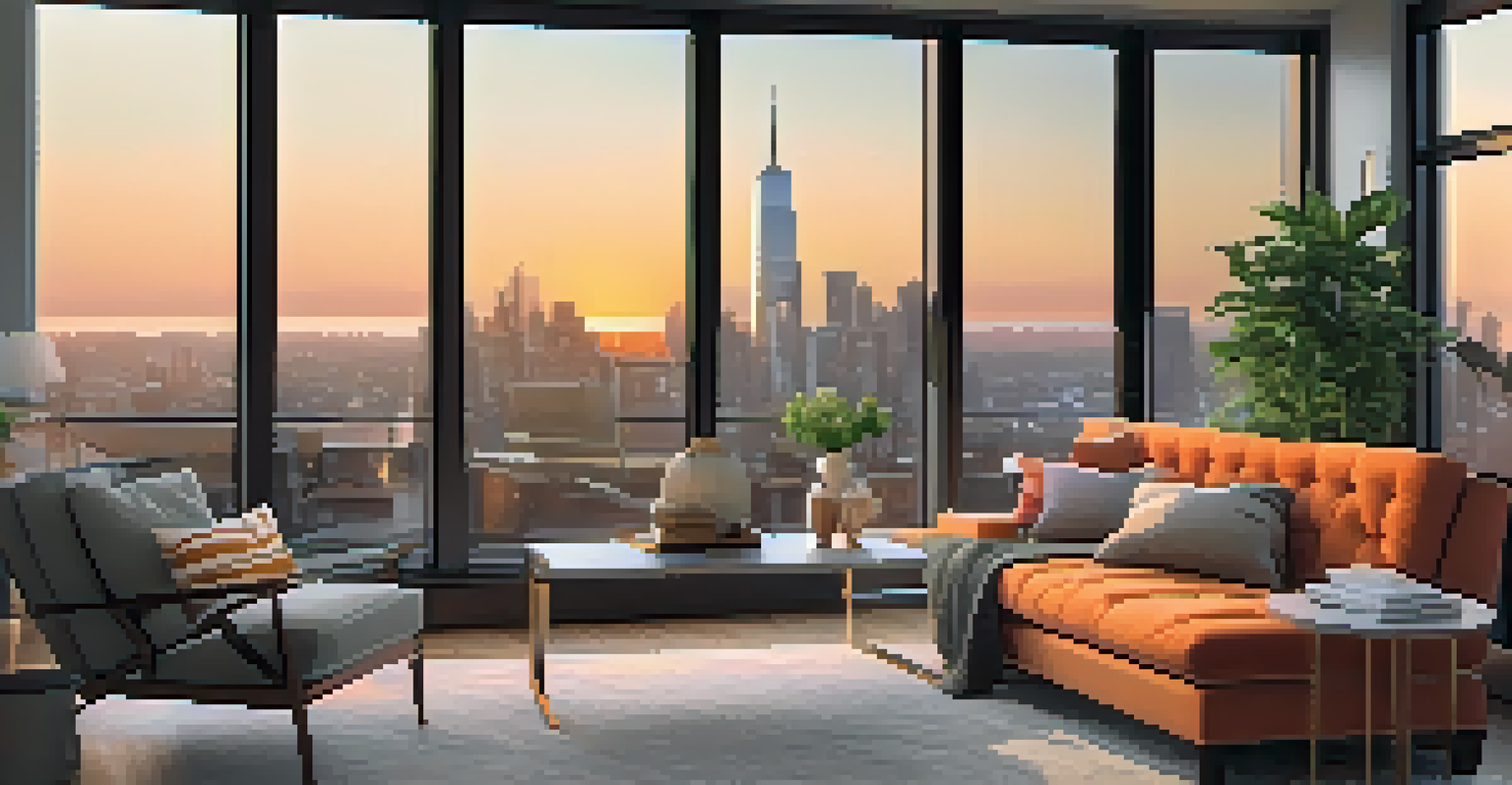 A modern living room with a city skyline view at sunset, featuring a sofa and indoor plants.