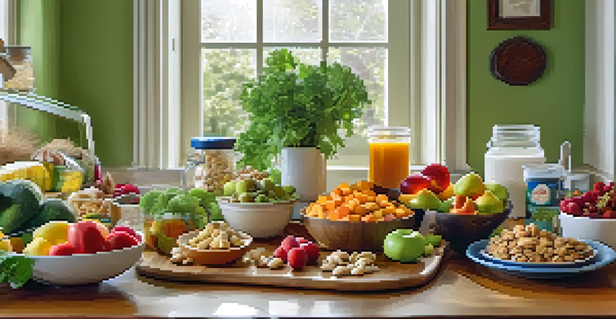 A table filled with healthy snacks including fruits, vegetables, nuts, and yogurt in a cozy kitchen with natural light.