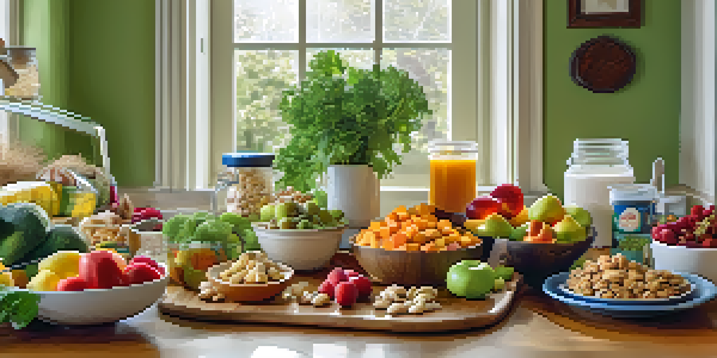 A table filled with healthy snacks including fruits, vegetables, nuts, and yogurt in a cozy kitchen with natural light.