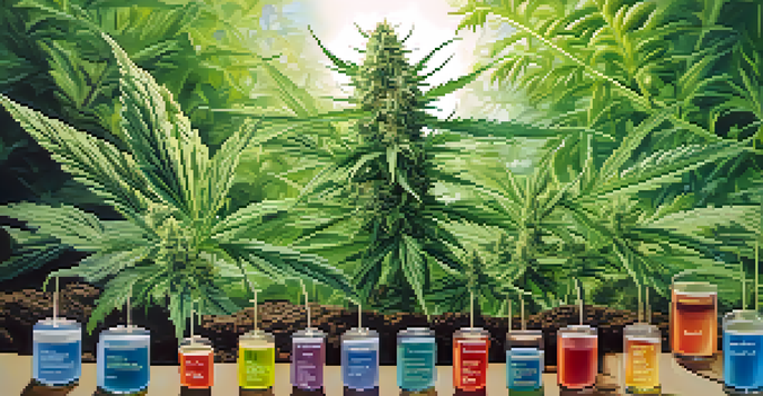 A cannabis plant with illustrated nutrient elements around it, set against a blurred garden background.