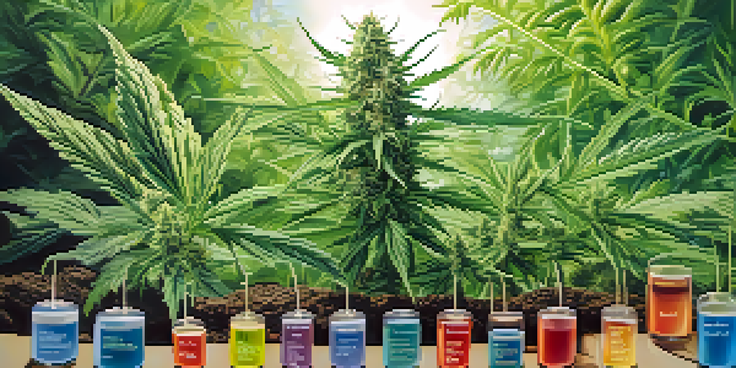 A cannabis plant with illustrated nutrient elements around it, set against a blurred garden background.