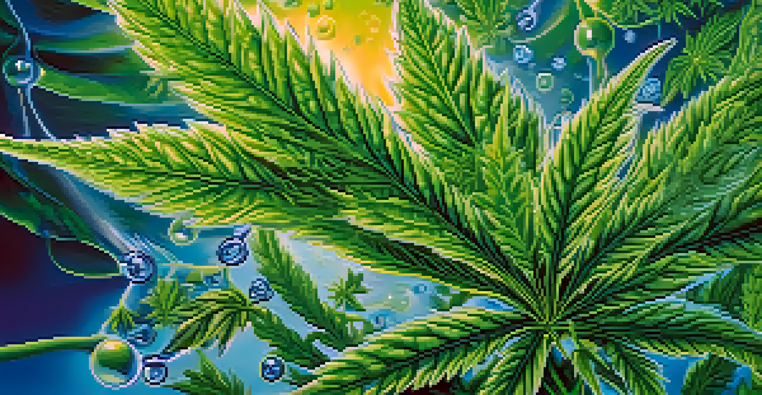 An artistic representation of nanotechnology in cannabis extraction, with molecules and nanoparticles swirling around cannabis leaves against a blue and green gradient background.