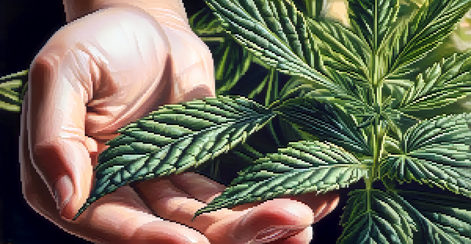 A close-up view of a hand holding a cannabis plant, with a soft-focus background of a peaceful home setting.