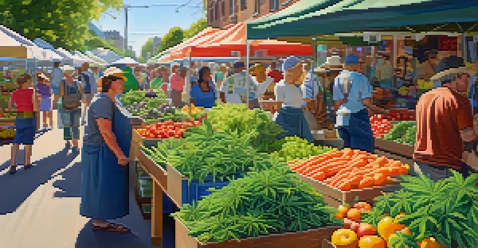A lively farmer's market with vendors selling cannabis plants and fresh produce, bustling with people under a sunny sky.