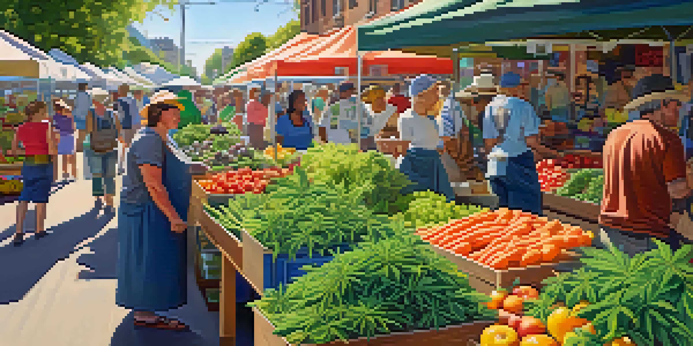 A lively farmer's market with vendors selling cannabis plants and fresh produce, bustling with people under a sunny sky.