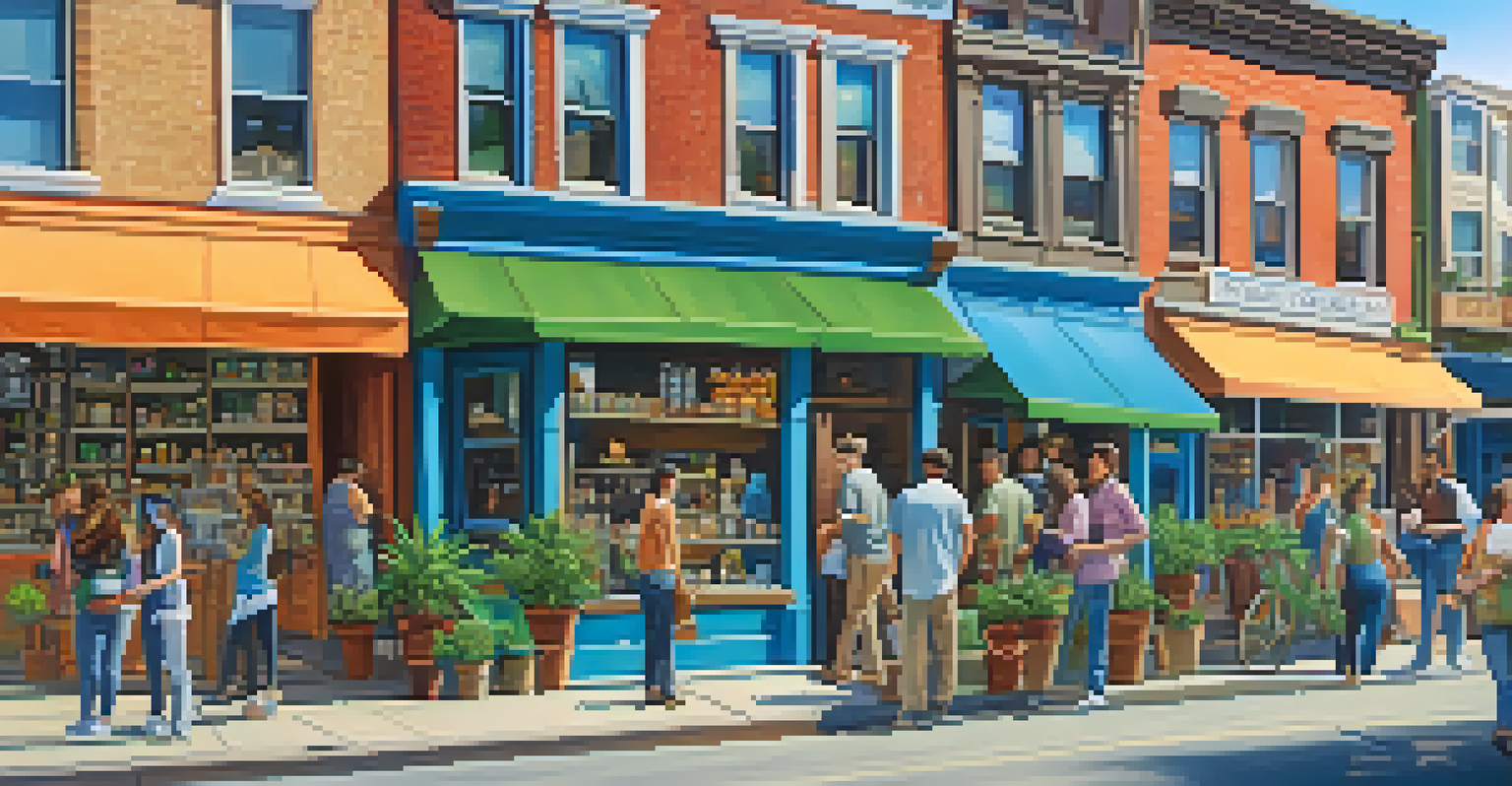 A lively small business district featuring storefronts selling cannabis products and local entrepreneurs engaging with customers.
