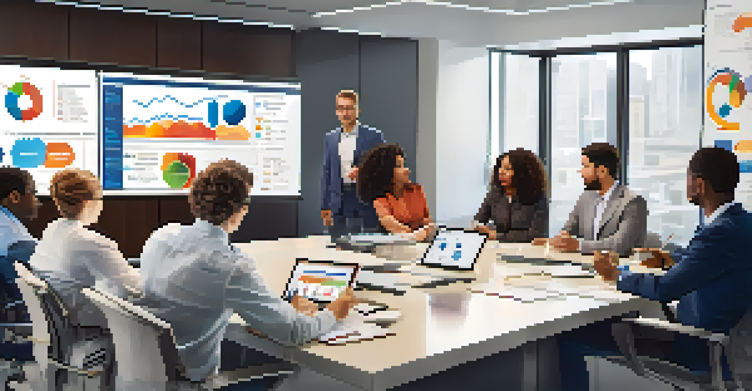 A group of diverse professionals in a modern conference room collaborating on crisis communication strategies, with charts displayed on a screen.