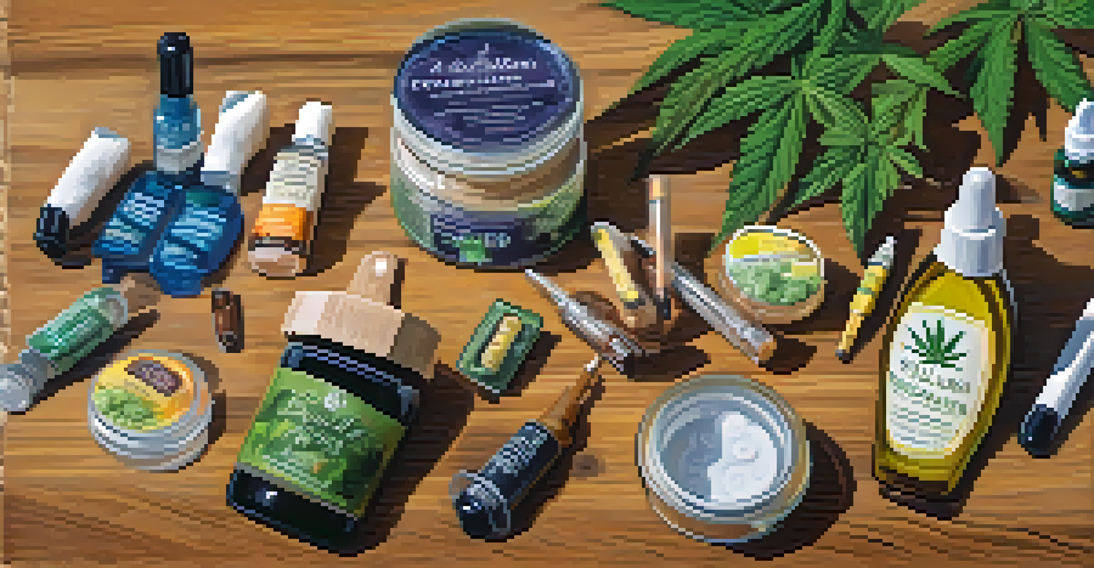 A close-up view of different cannabis products like edibles, oils, and vape pens, arranged on a wooden surface with soft lighting.