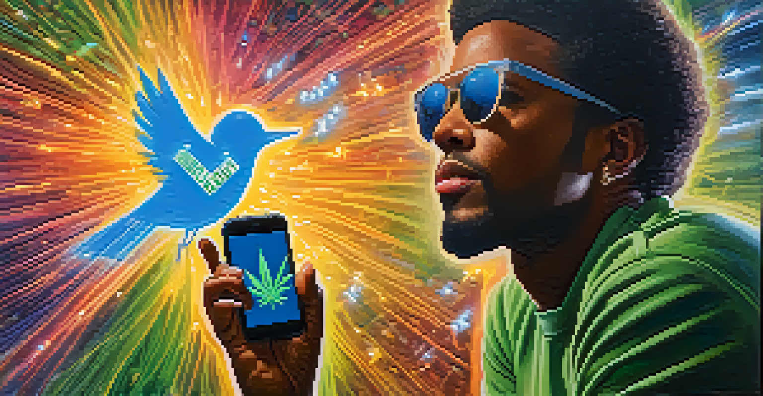 A celebrity tweeting about marijuana with glowing effects and supportive messages in the background.