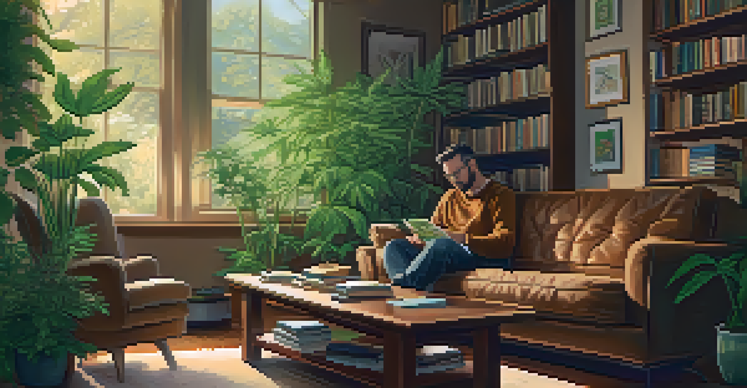 A man sitting on a couch, looking at different cannabis strains on a coffee table, with plants and books around him.