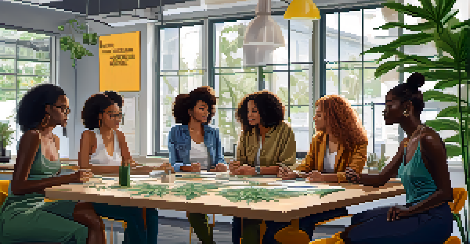 A group of women of color collaborating and brainstorming over cannabis-related materials in a modern workspace, showcasing diversity and teamwork.